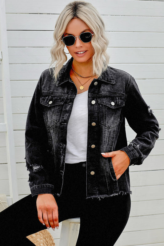 Jeansjacke mit Used-Look und offenem Saum