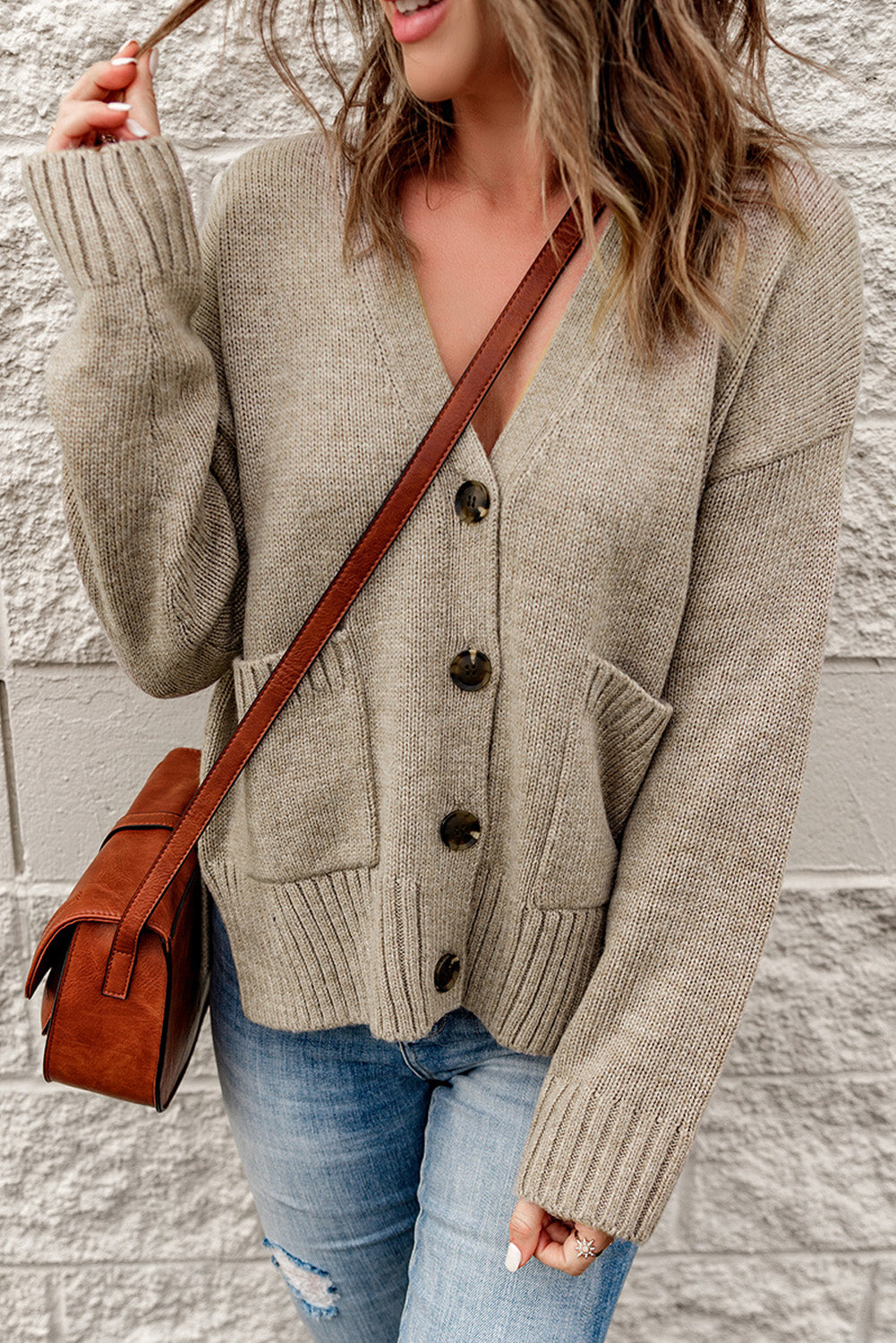 Button-Down-Cardigan mit geripptem Rand und Taschen