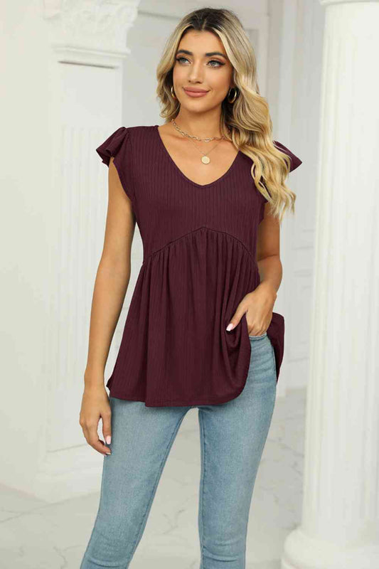 Babydoll-Bluse mit V-Ausschnitt und Flatterärmeln