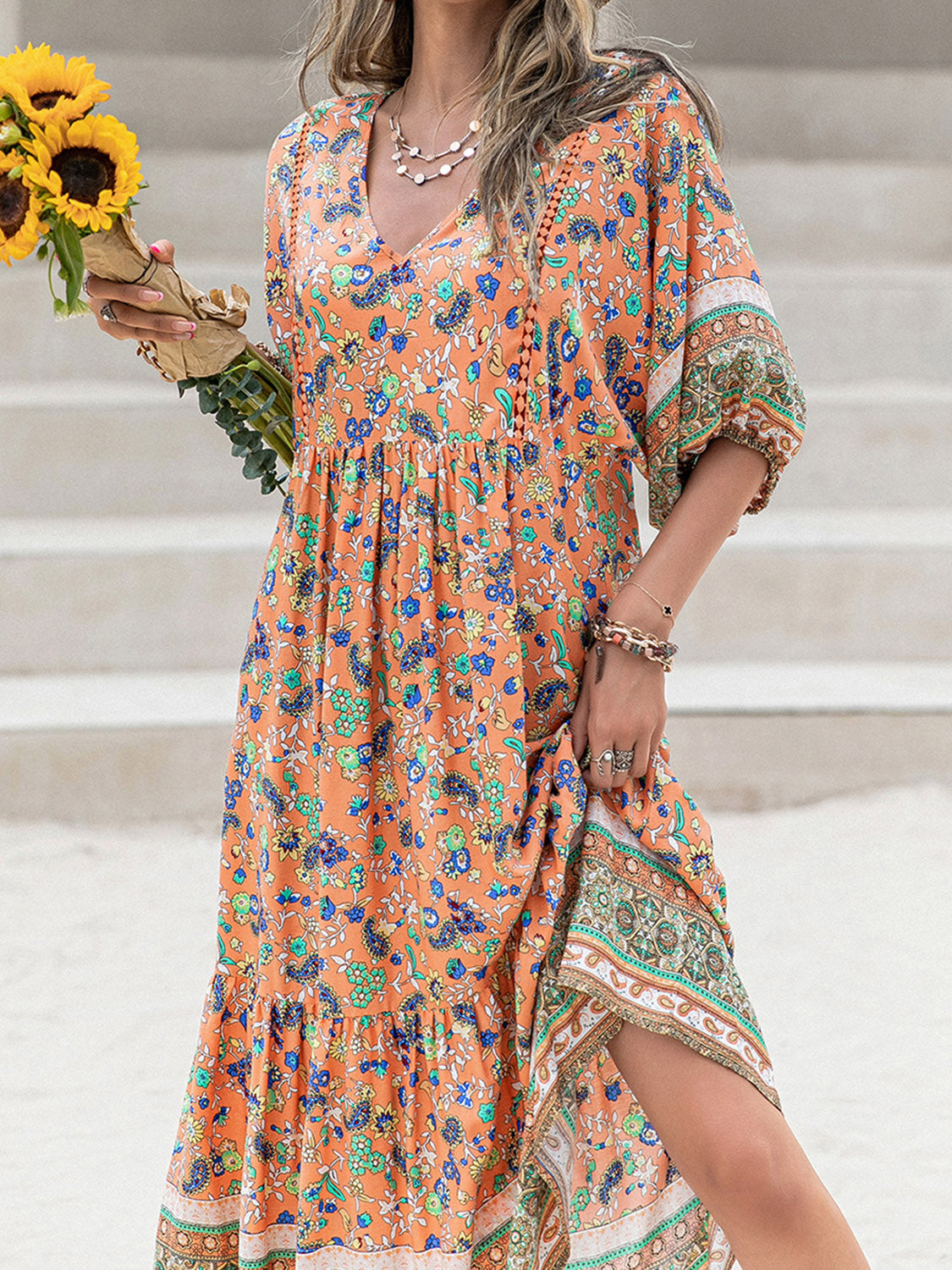 Printed V-Neck Short Sleeve Maxi Dress