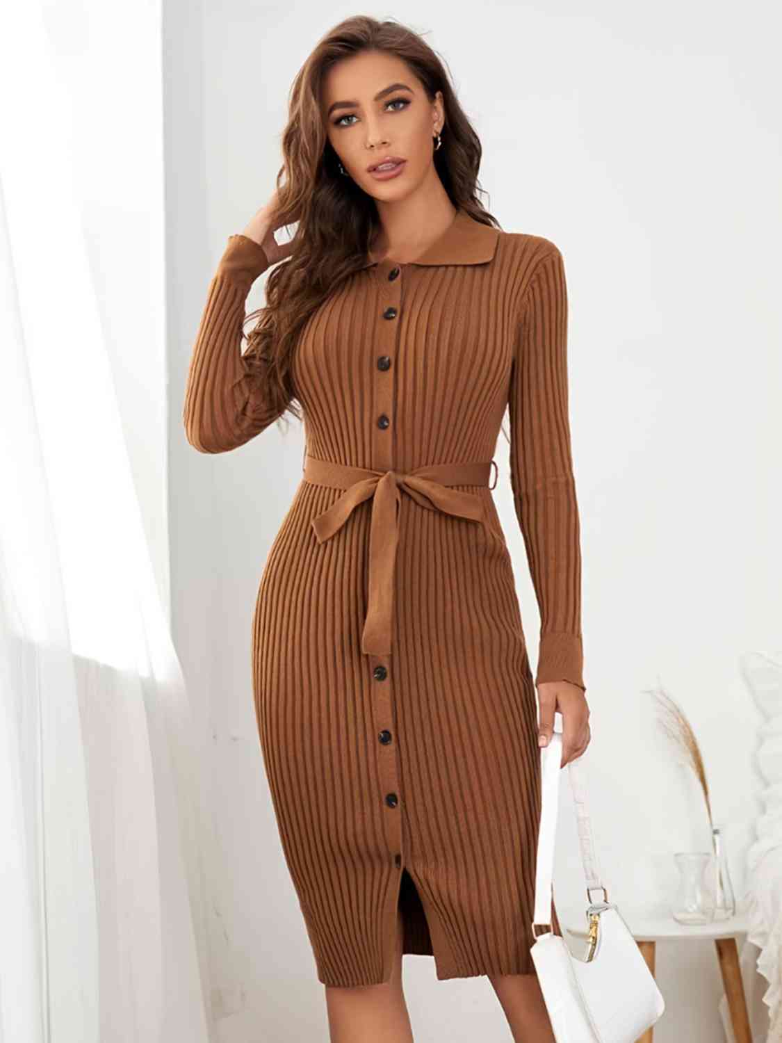 Collared Neck Button Up Ribbed Sweater Dress