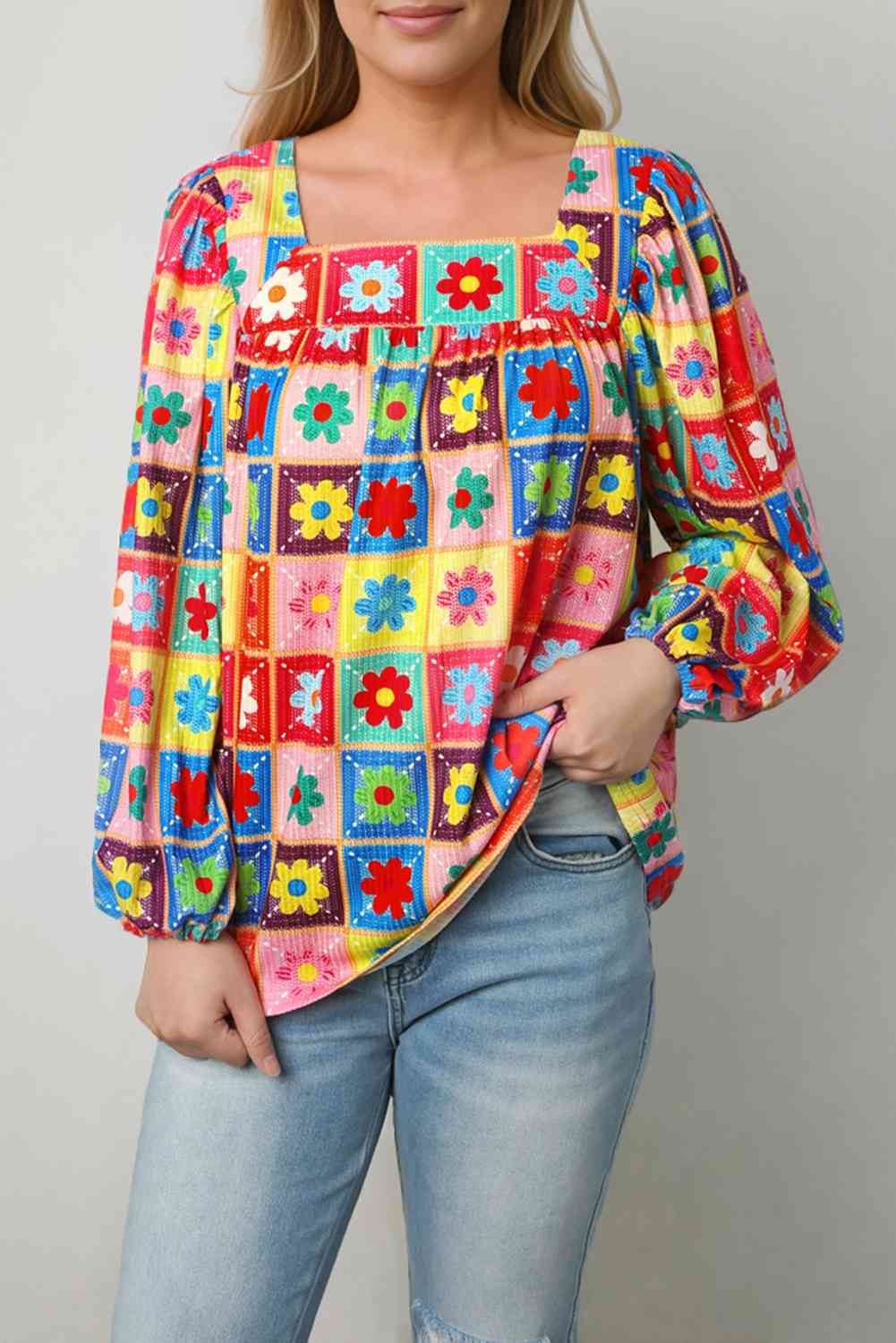 Printed Square Neck Balloon Sleeve Top