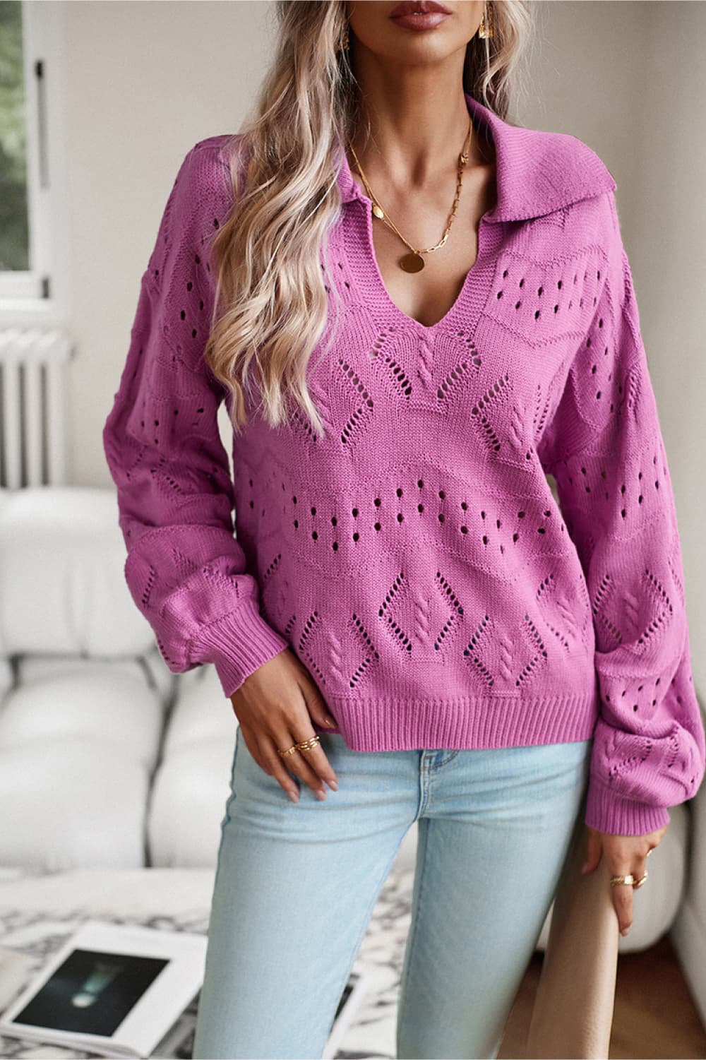 Openwork Long Sleeve Notched Neck Sweater