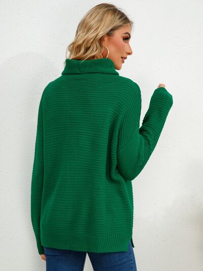 Slit Turtleneck Dropped Shoulder Sweater