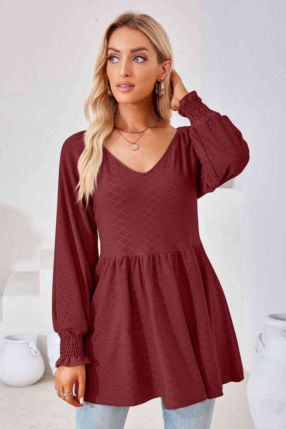 V-Neck Lantern Sleeve Blouse