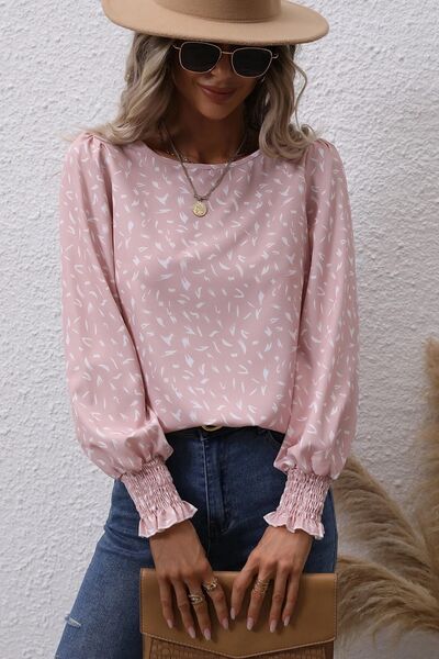 Printed Round Neck Lantern Sleeve Blouse