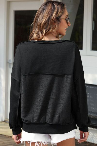 Exposed Seam Half Button Long Sleeve Sweatshirt