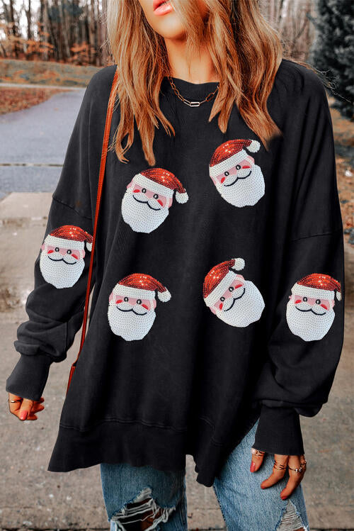 Sweatshirt mit Rundhalsausschnitt, Schlitz und Pailletten und Weihnachtsmann-Motiv