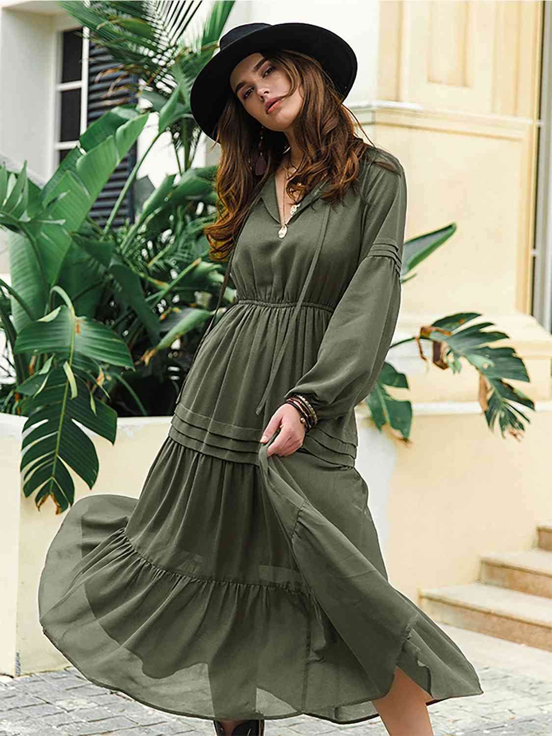 Tie Neck Balloon Sleeve Tiered Dress