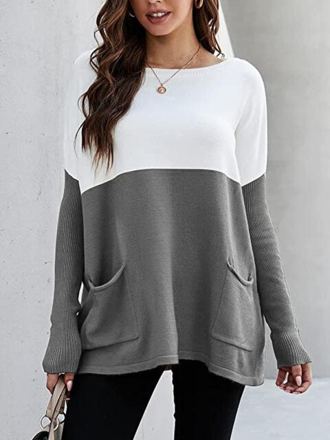 Zweifarbiger Pullover mit Taschen