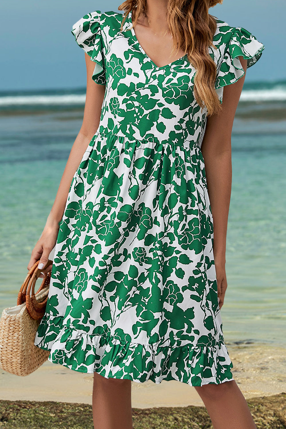 Ruffled Printed V-Neck Cap Sleeve Dress