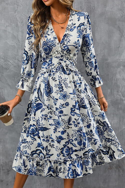 Printed V-Neck Ruffle Hem Flounce Sleeve Dress