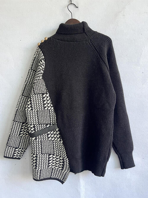 Houndstooth Turtleneck Long Sleeve Slit Sweater