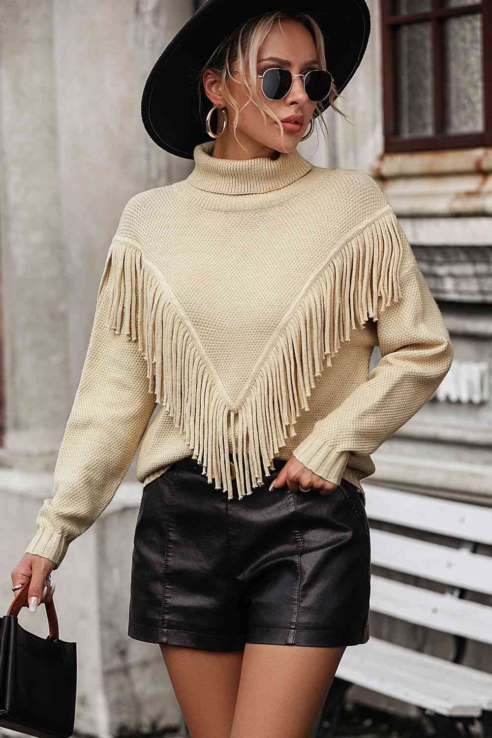 Turtle Neck Tassel Front Long Sleeve Pullover Sweater