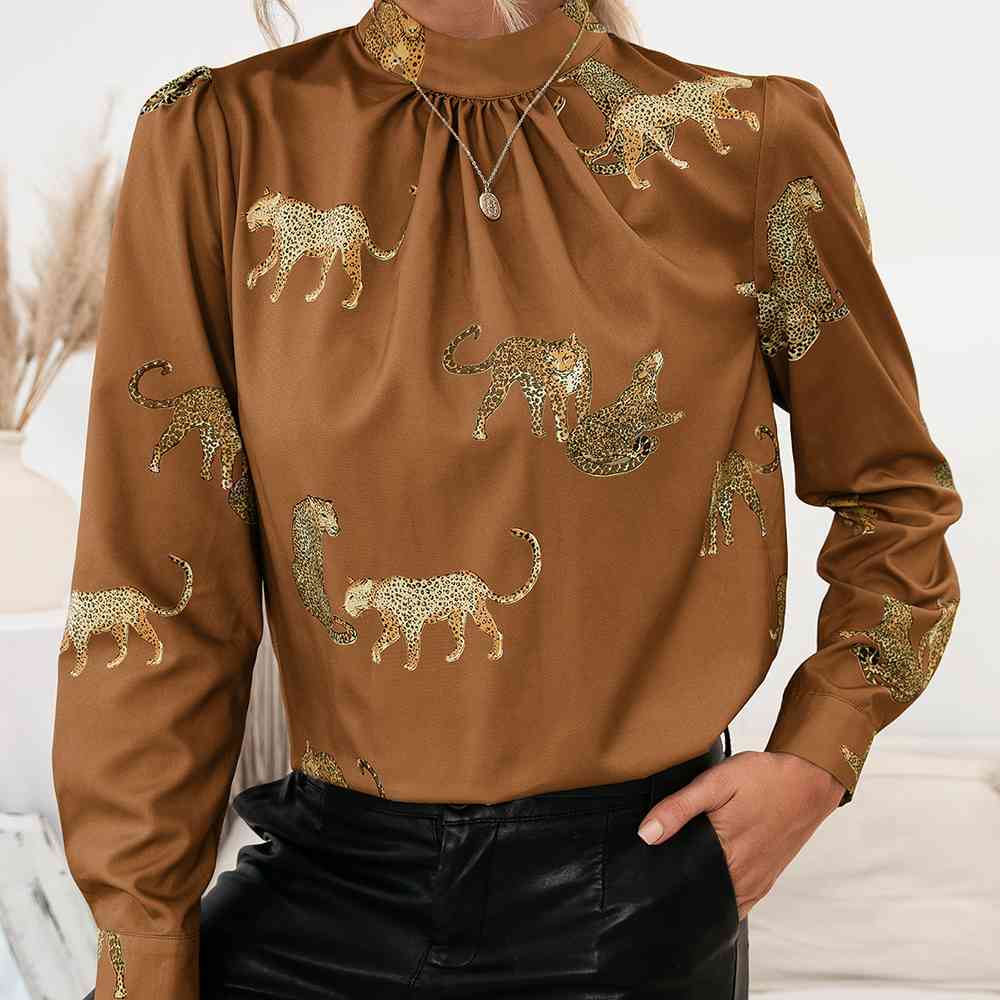 Bluse mit Stehkragen, Puffärmeln und Leopardenmuster