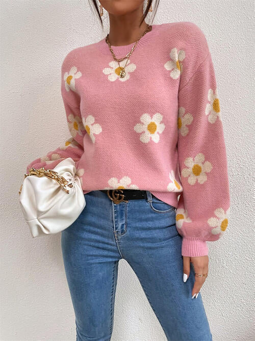 Flower Round Neck Latern Sleeve Sweater