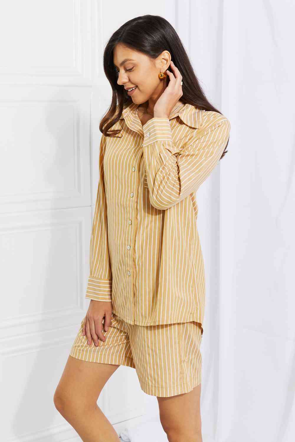 Zenana Striped Shirt and Shorts Loungewear Set in Mustard