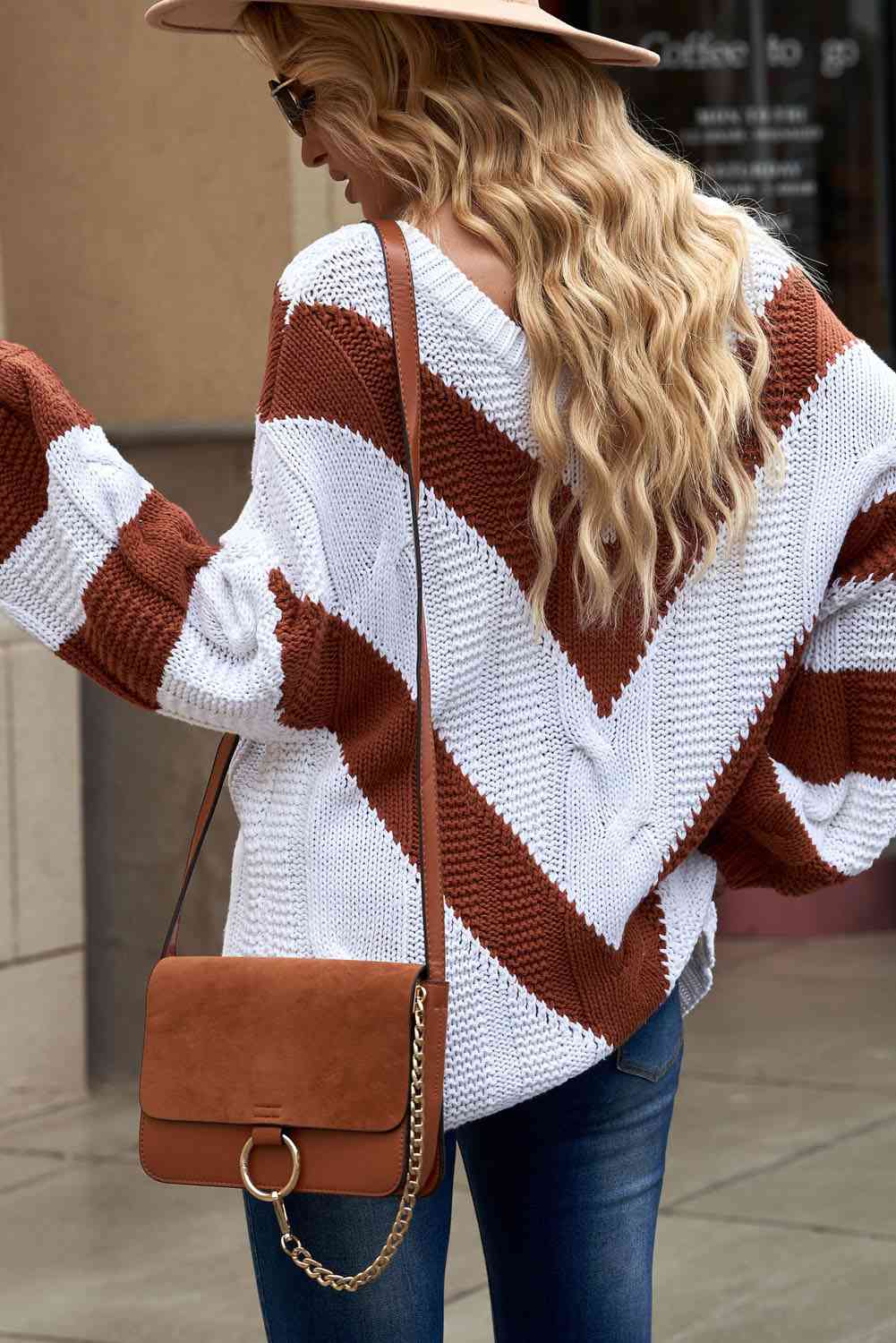 Woven Right Chevron Cable-Knit V-Neck Tunic Sweater