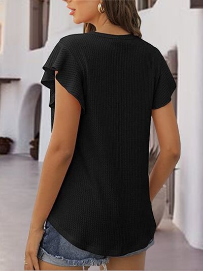 Waffle-Knit Round Neck Cap Sleeve Blouse