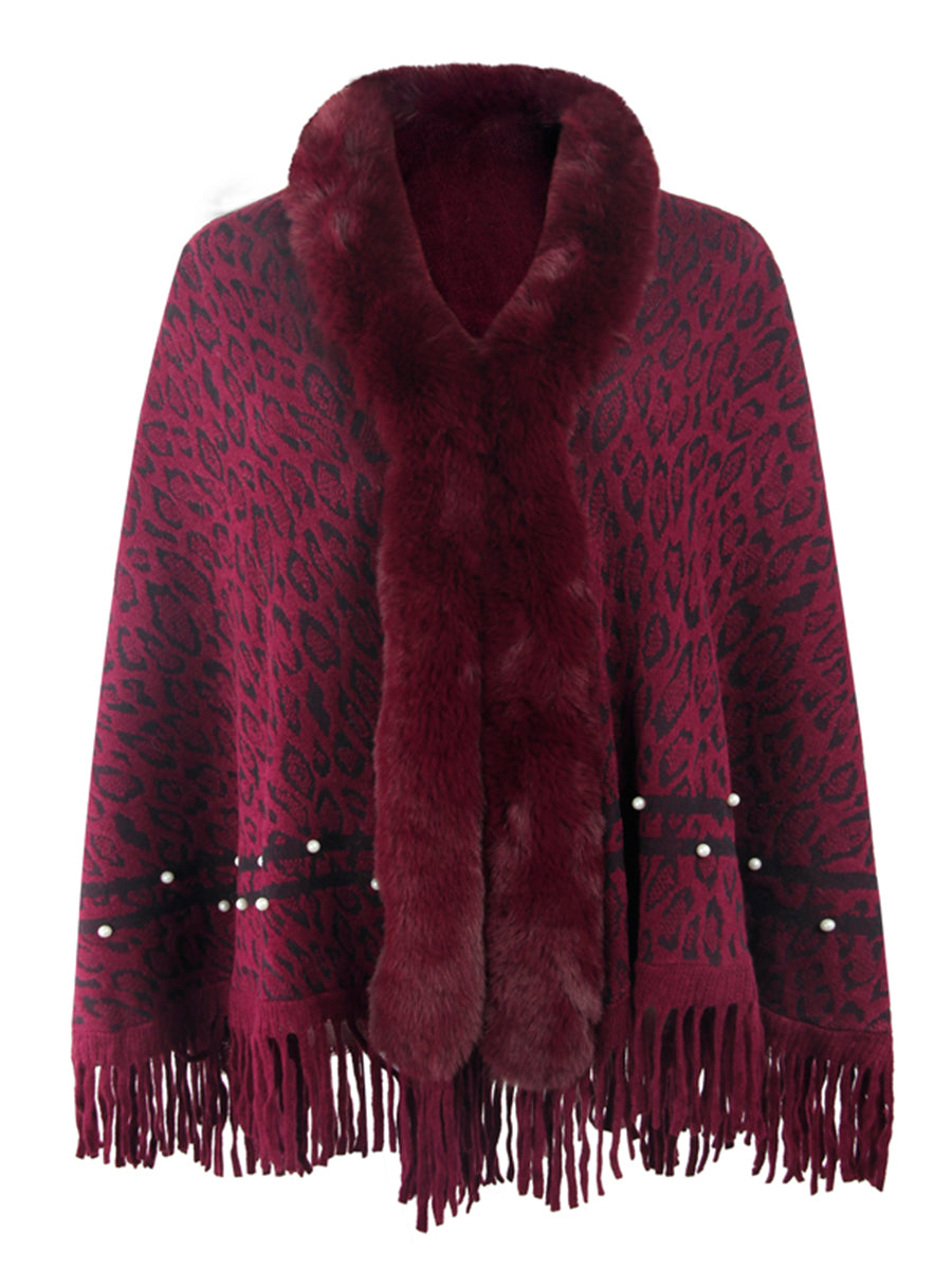 Poncho mit Leopardenmuster und Fransensaum