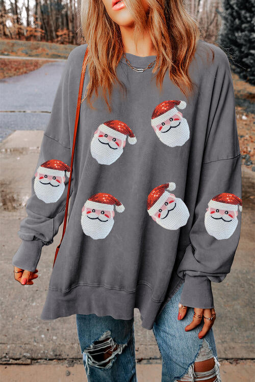 Sweatshirt mit Rundhalsausschnitt, Schlitz und Pailletten und Weihnachtsmann-Motiv