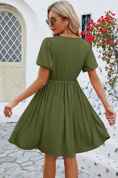 V-Neck Balloon Short Sleeve Dress