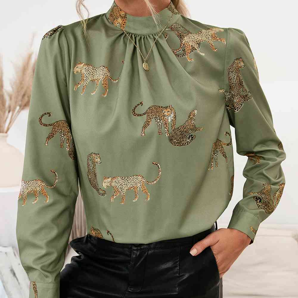 Bluse mit Stehkragen, Puffärmeln und Leopardenmuster