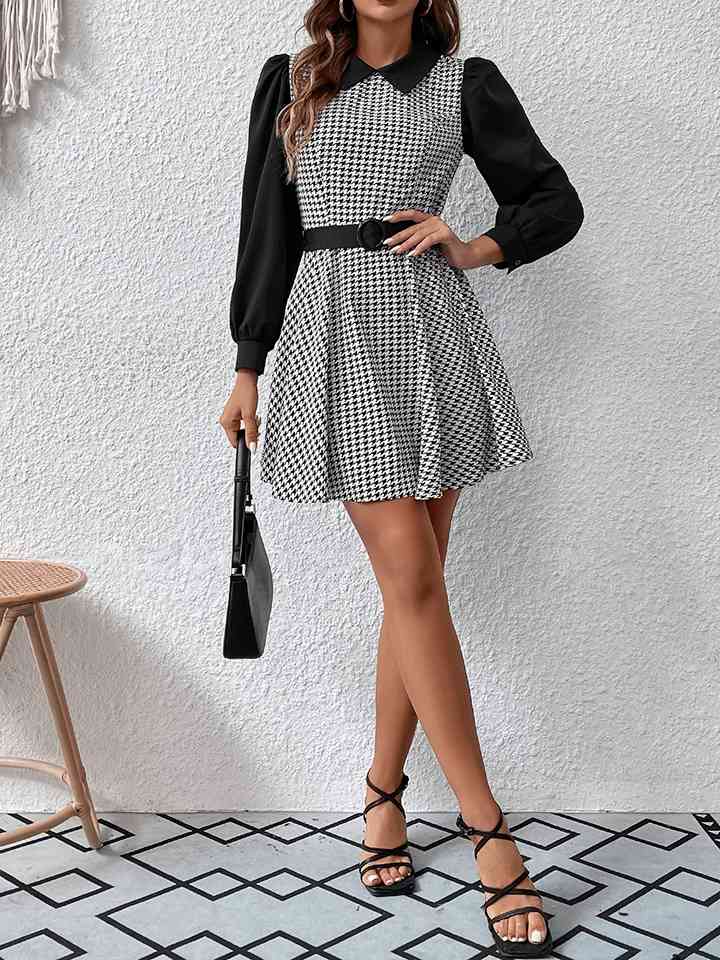 Houndstooth Long Sleeve Mini Dress