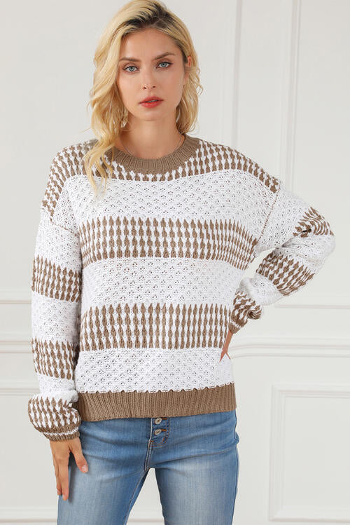 Striped Round Neck Long Sleeve Knit Top