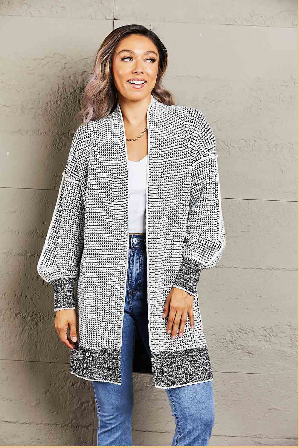 Woven Right – Melierter Longline-Cardigan mit offener Vorderseite