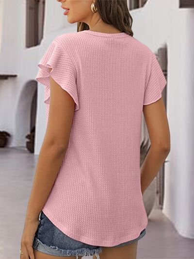 Waffle-Knit Round Neck Cap Sleeve Blouse