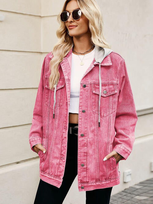 Drawstring Button Up Hooded Denim Jacket