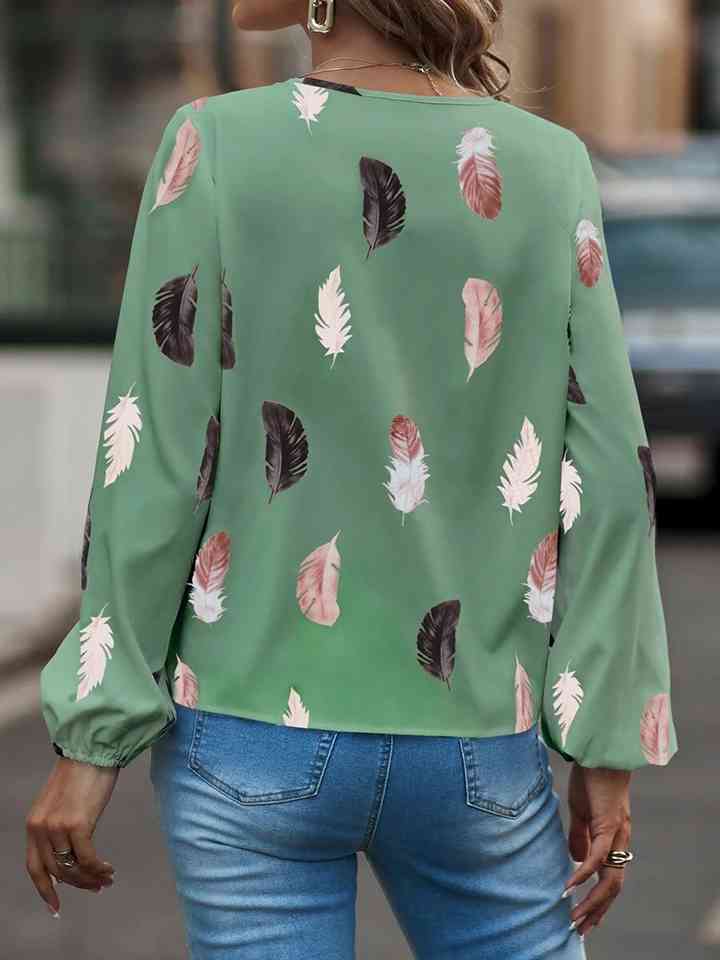 Printed Notched Neck Long Sleeve Blouse