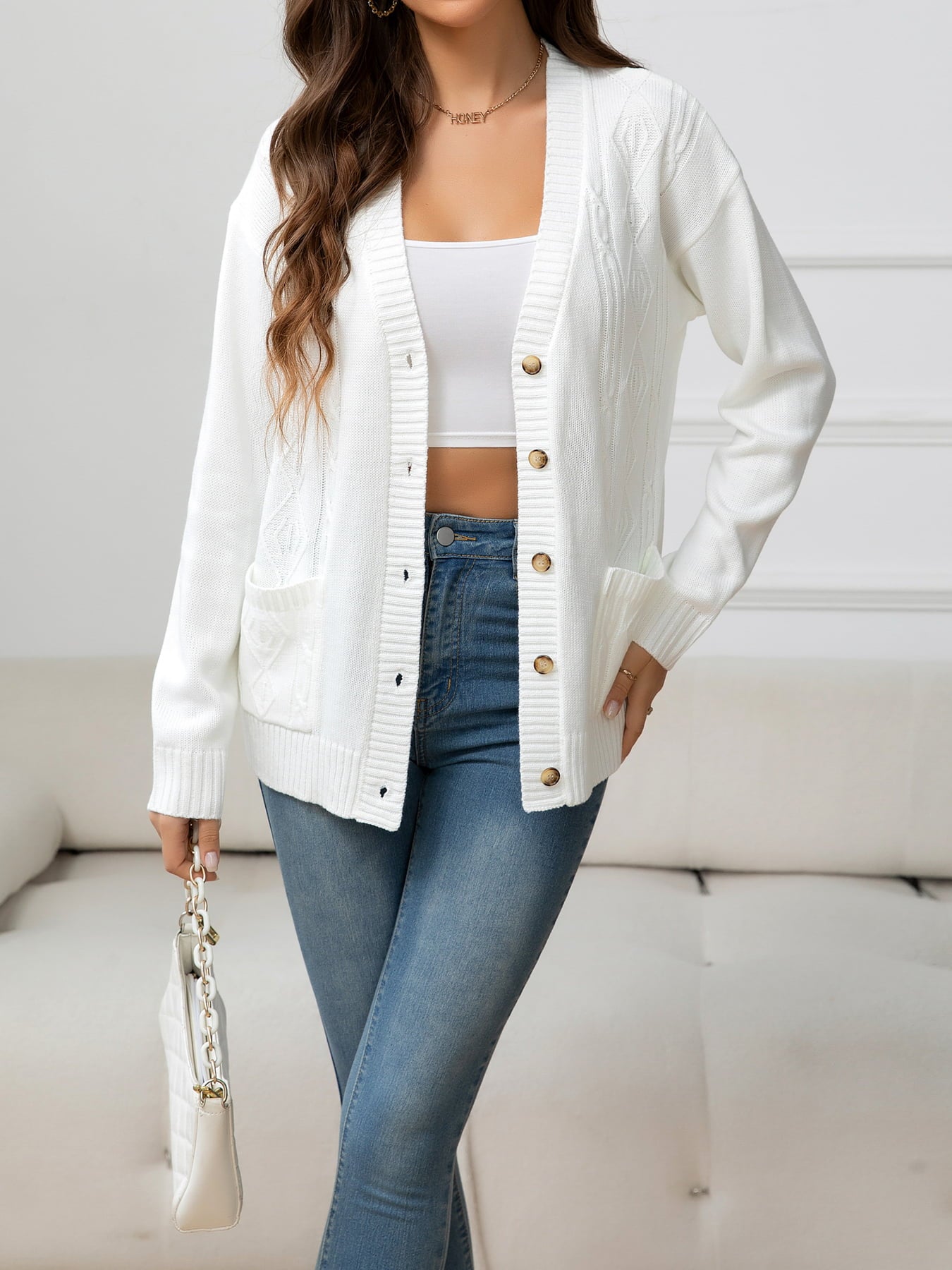 V-Neck Long Sleeve Buttoned Knit Top with Pocket