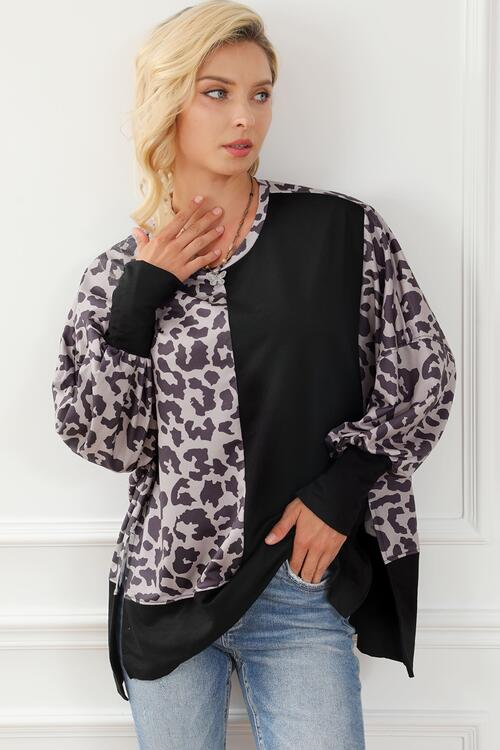 Leopard Round Neck Lantern Sleeve Slit Sweatshirt