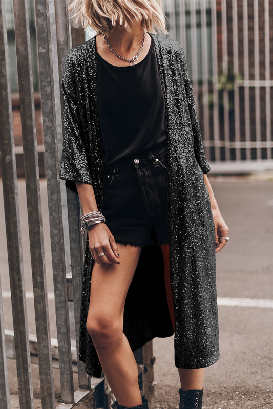 Duster-Cardigan mit offener Vorderseite und Pailletten