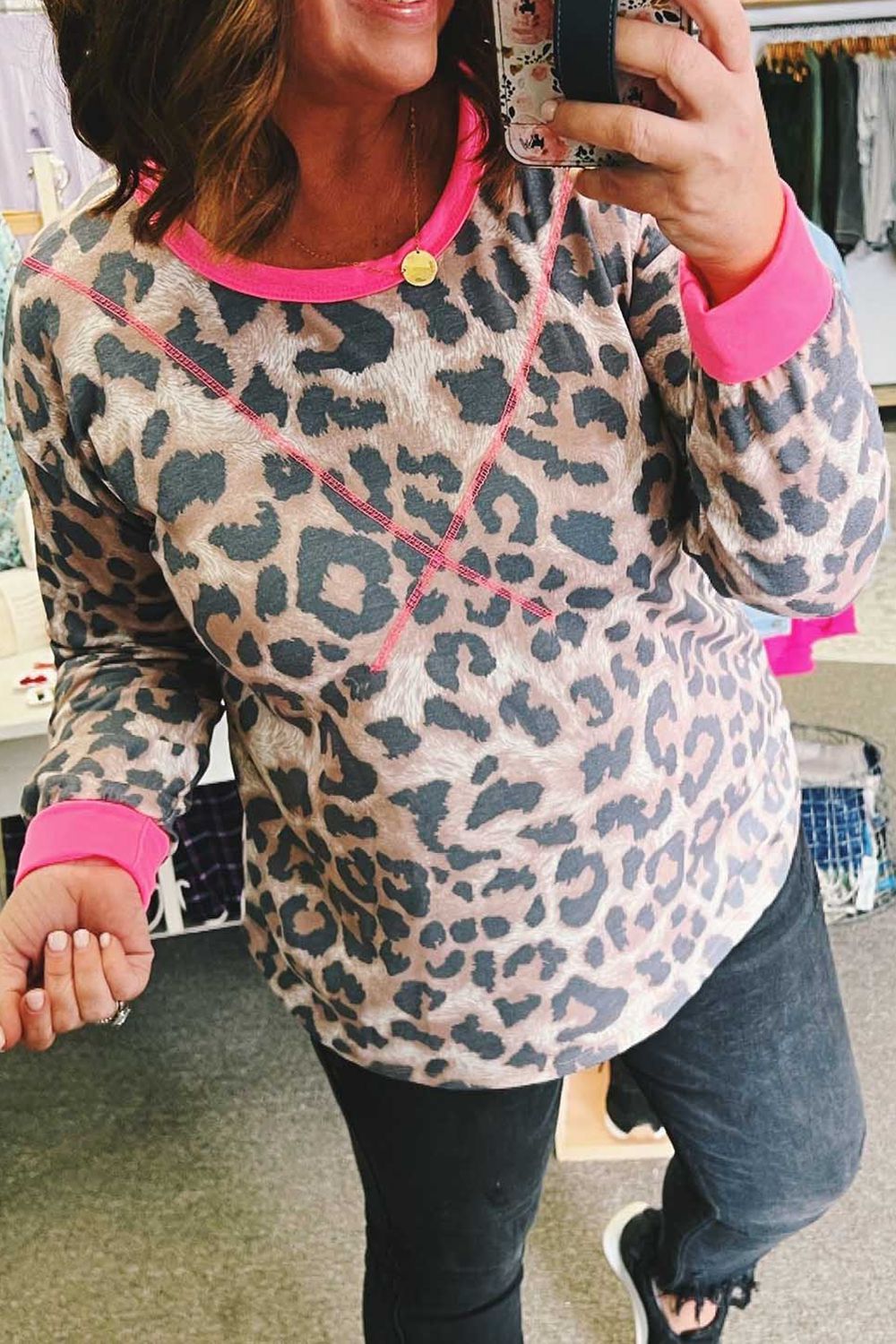 Plus Size Leopard Print Round Neck Sweatshirt