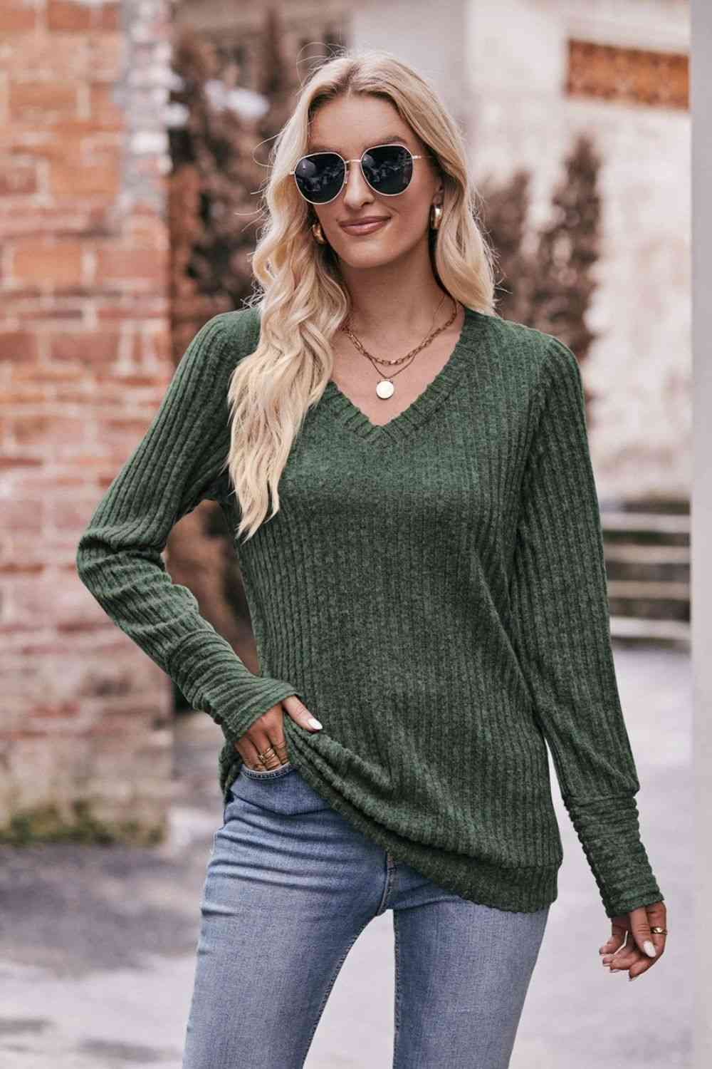 Double Take V-Neck Long Sleeve Ribbed Top