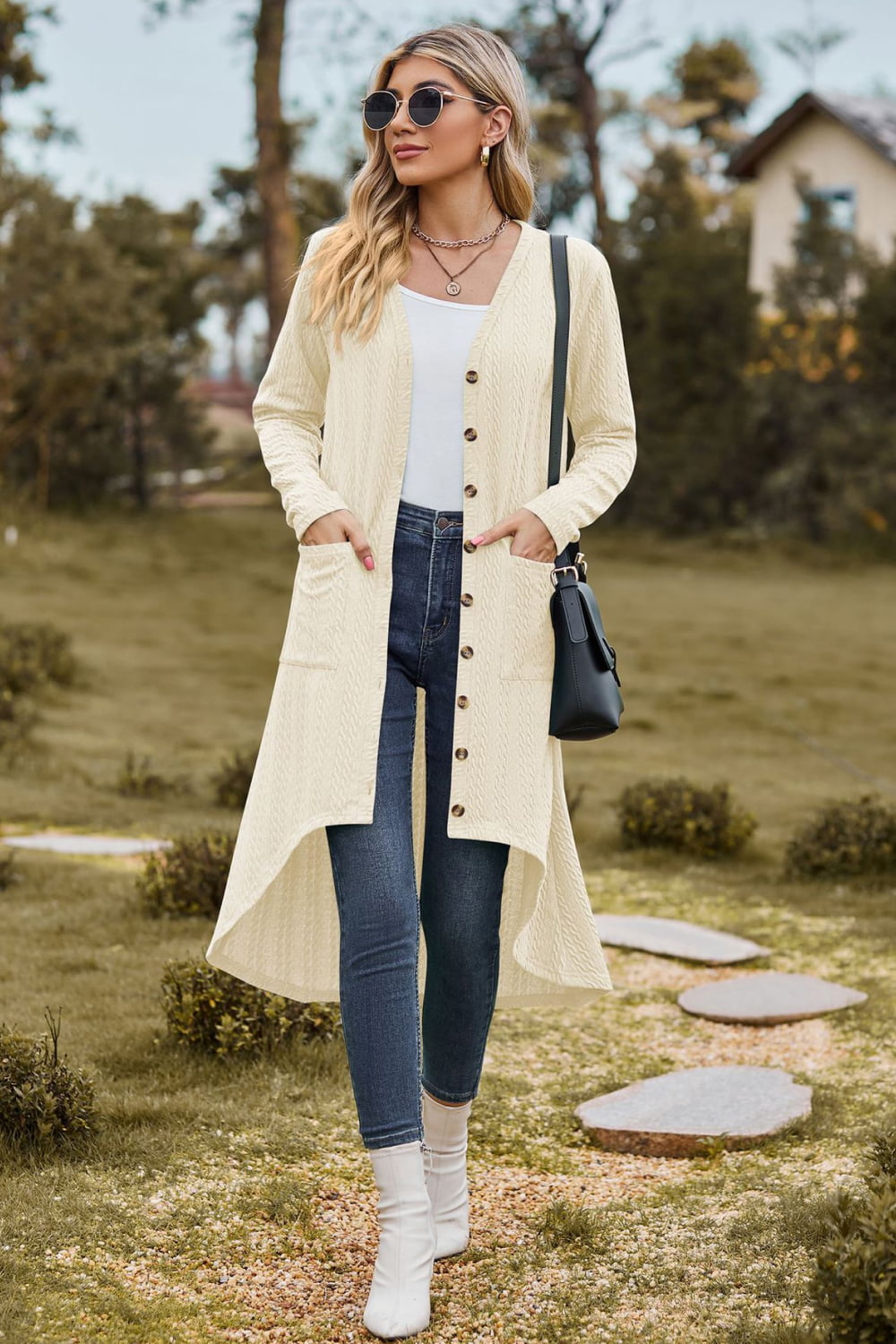 V-Neck Long Sleeve Cardigan with Pocket