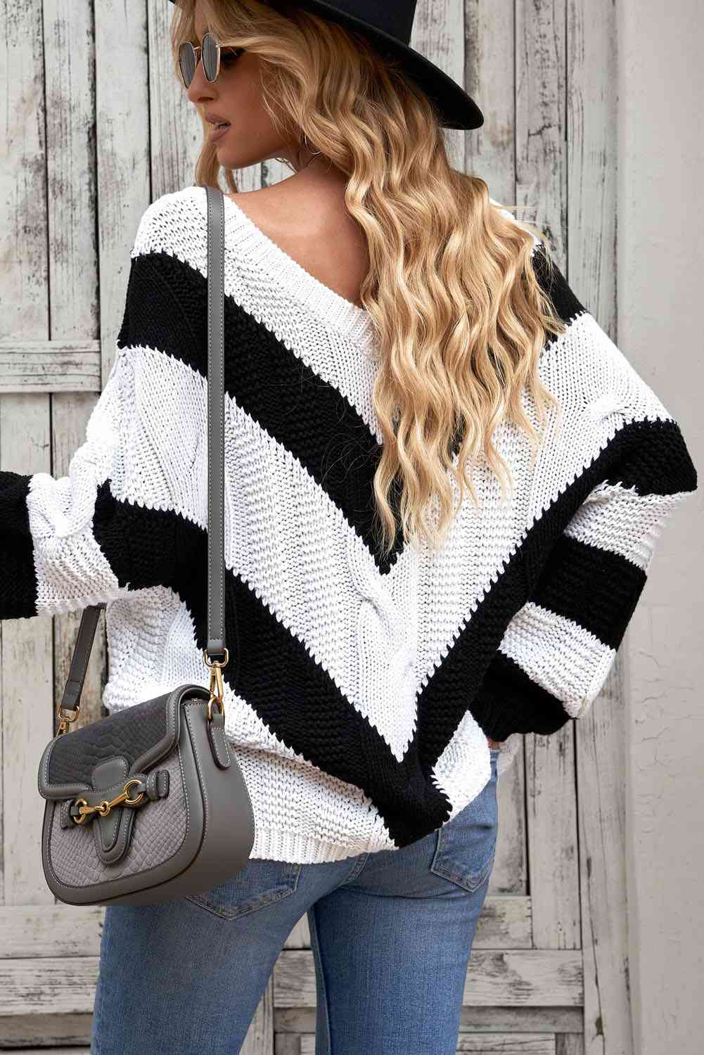 Woven Right Chevron Cable-Knit V-Neck Tunic Sweater