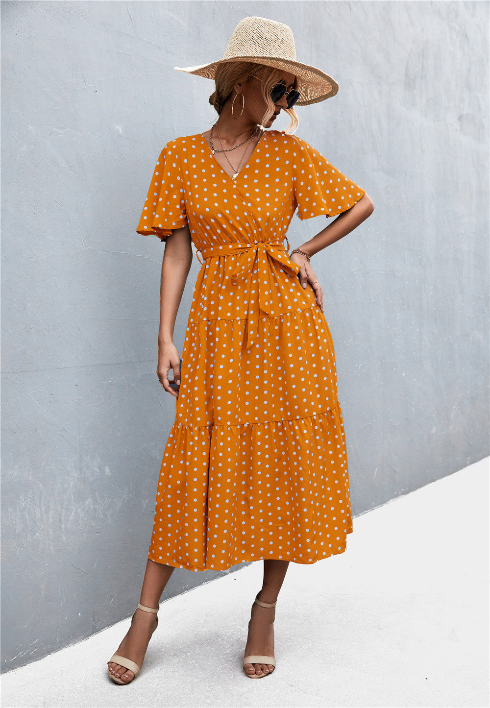 Printed V-Neck Flutter Sleeve Belted Dress