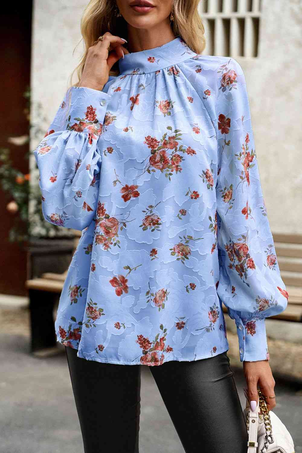 Floral Print Mock Neck Lantern Sleeve Blouse