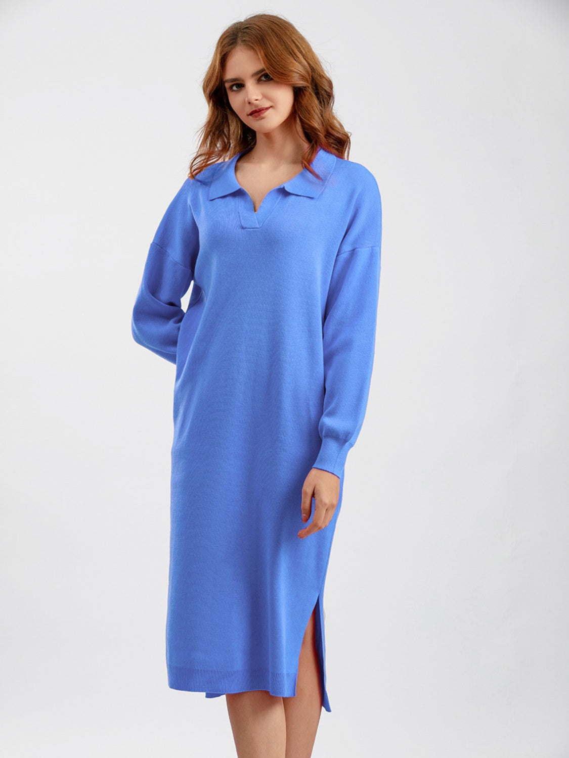 Johnny Collar Long Sleeve Slit Sweater Dress