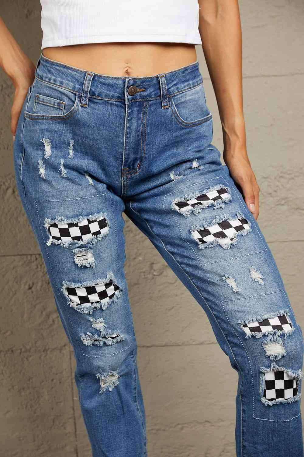 Baeful – Karierte Patchwork-Jeans mit mittlerer Taille und Used-Look