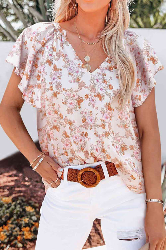 Floral V-Neck Flutter Sleeve Blouse