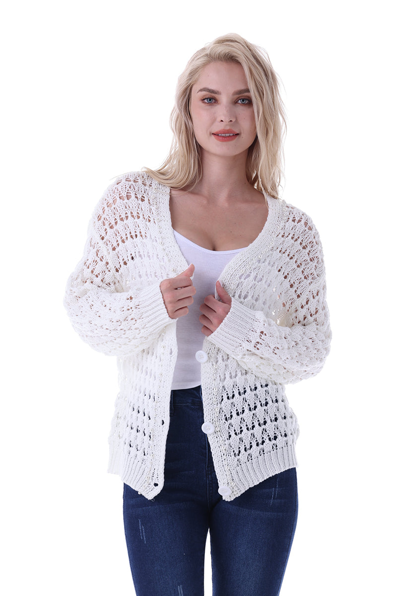 Openwork Buttoned Long Sleeve Cardigan