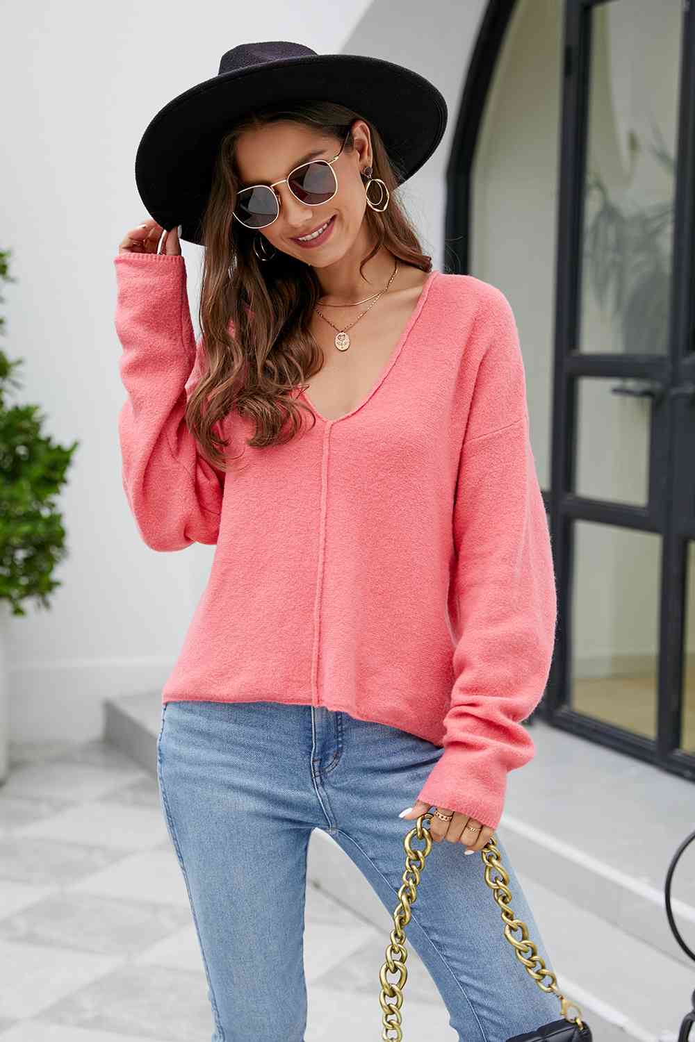 V-Neck Drop Shoulder Long Sleeve Knit Top