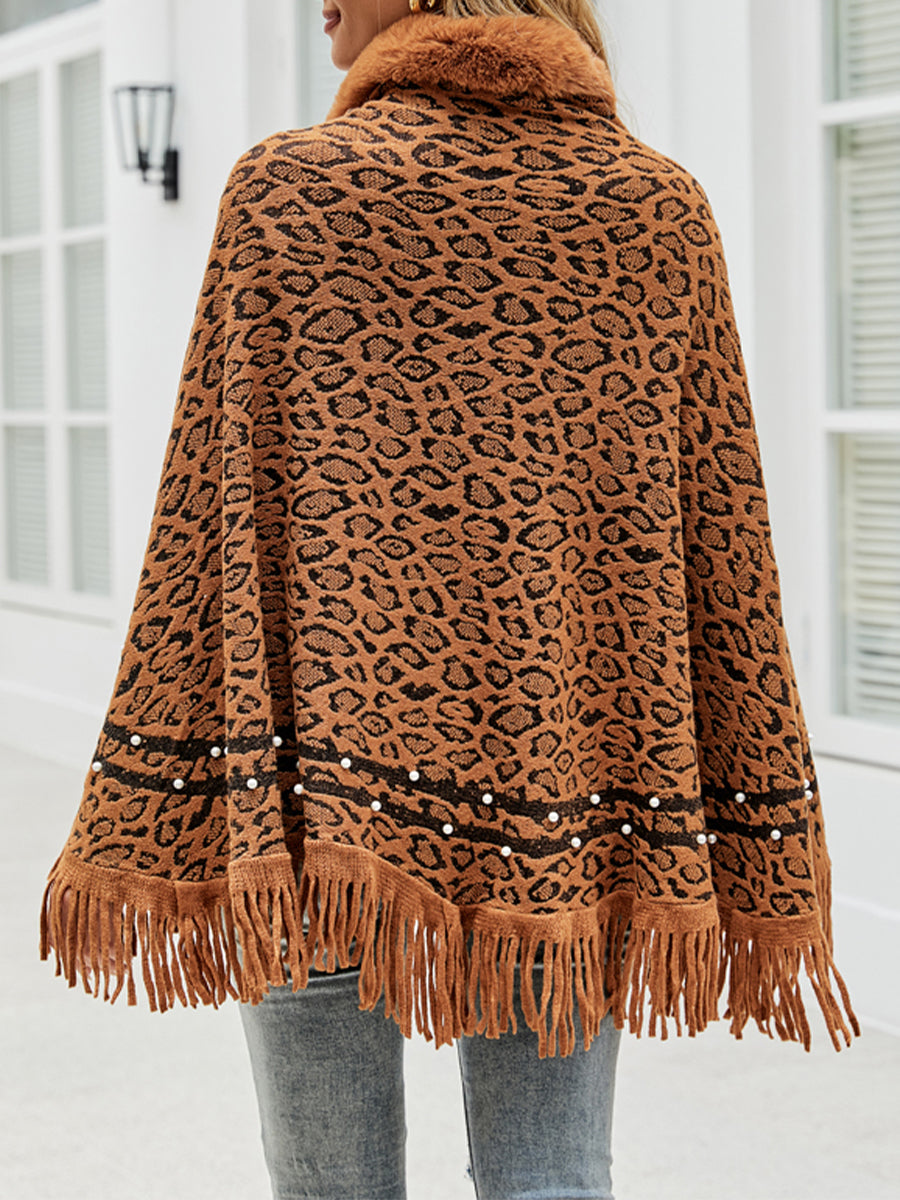 Poncho mit Leopardenmuster und Fransensaum