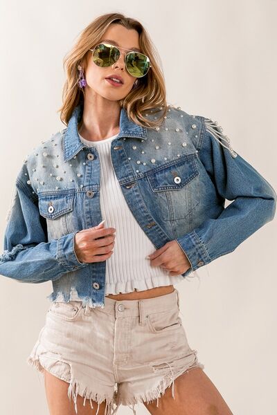 BiBi – Kurze Jeansjacke im Used-Look mit Perlendetail