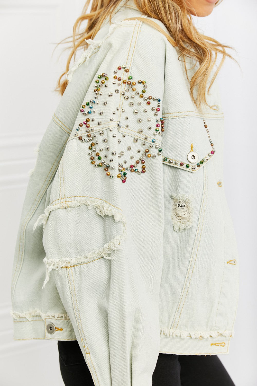 POL Bead It Up Beaded Denim Jacket